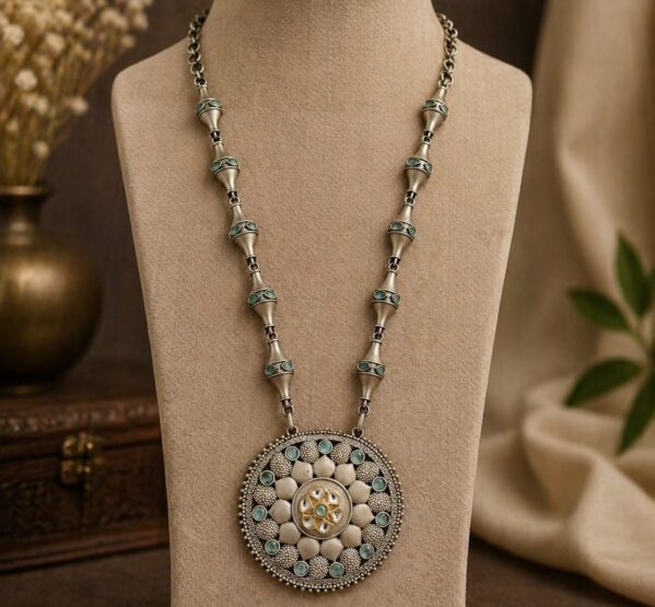 Vintage Round Pendant German Silver Long Necklace