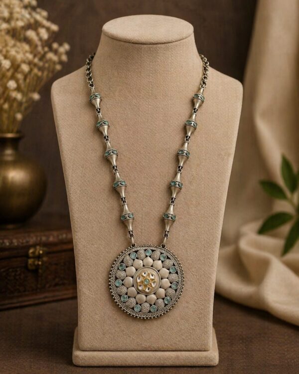 Vintage Round Pendant German Silver Long Necklace