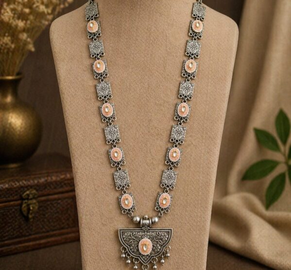 Traditional Enamel Motif German Silver Long Necklace