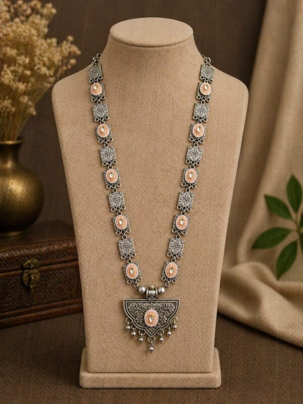 Traditional Enamel Motif German Silver Long Necklace