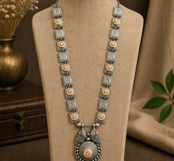 Traditional Enamel Motif German Silver Long Necklace