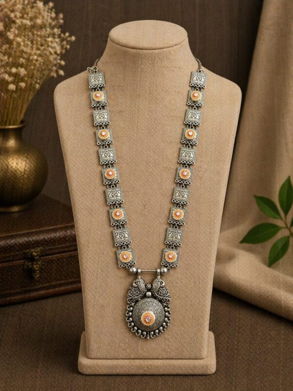 Traditional Enamel Motif German Silver Long Necklace