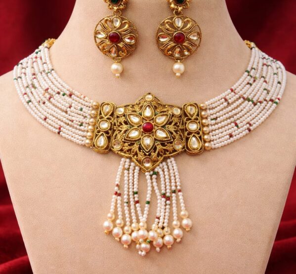 Royal Kundan Pearl Fringe Choker Set