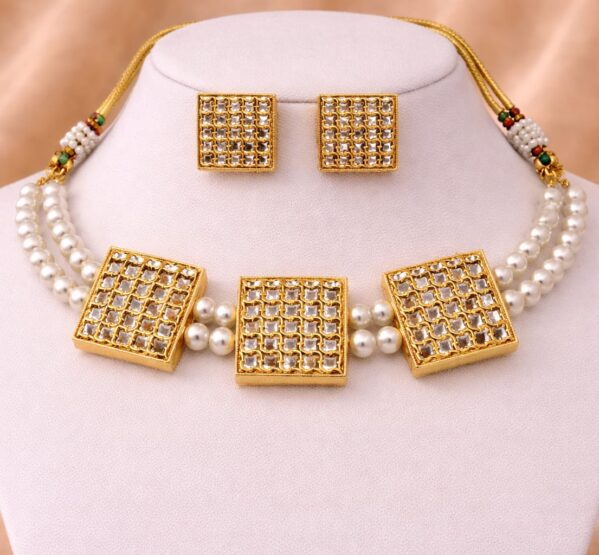 Pearl Kundan Square Necklace Set