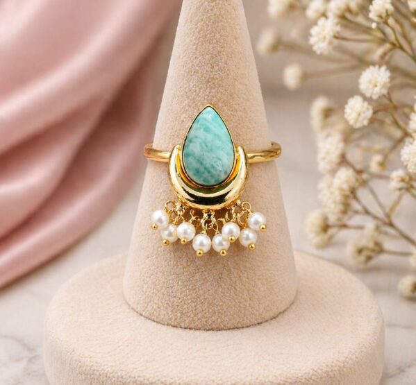 Aqua Stone Pearl Drop Ring