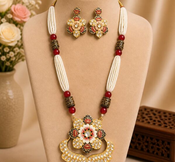 Floral Pearl Long Necklace Set