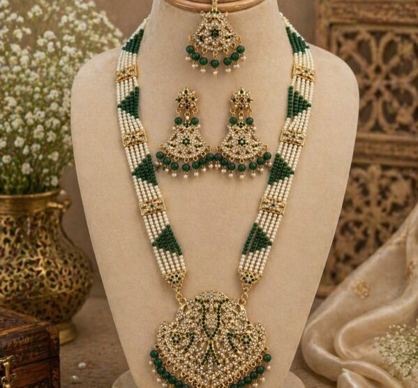 Green Pearl Rajwadi Long Necklace Set