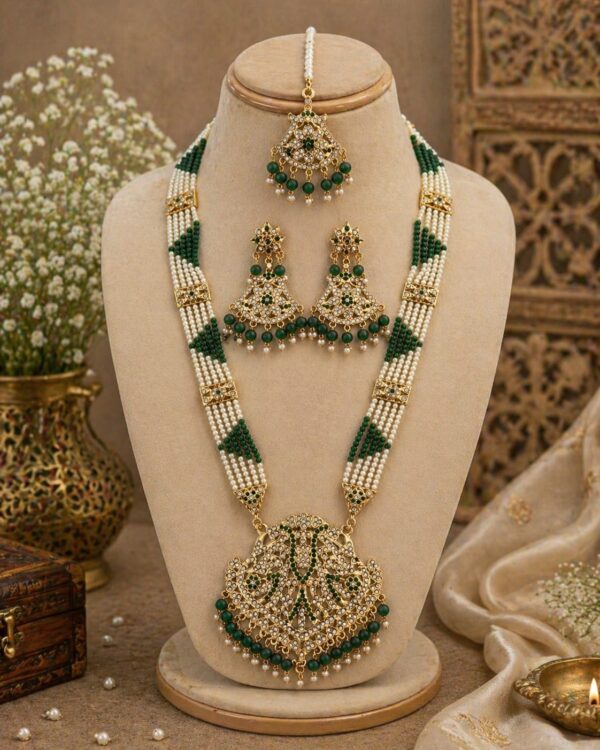 Green Pearl Rajwadi Long Necklace Set