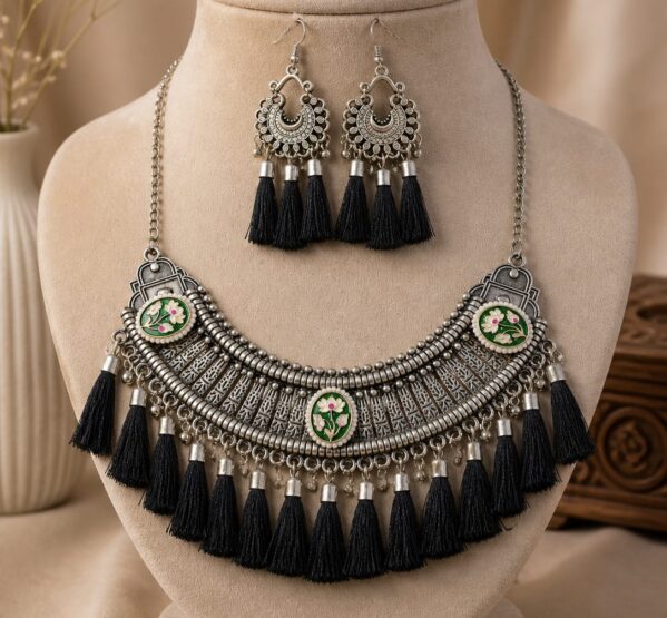 German Silver Tassel Statement Necklace Set