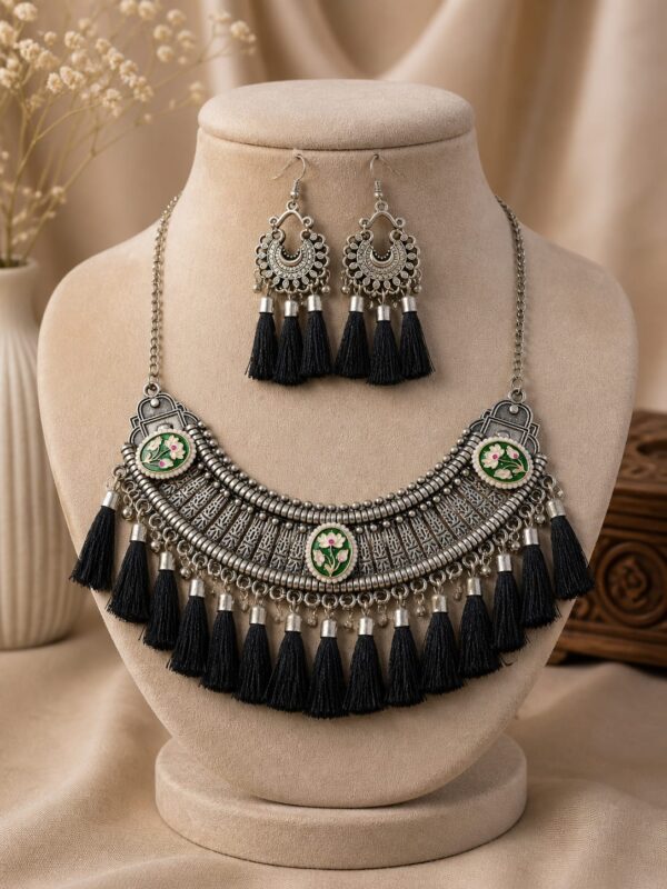 German Silver Tassel Statement Necklace Set