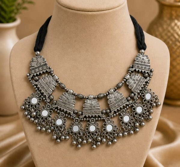 German Silver Mirror Work Statement Necklace