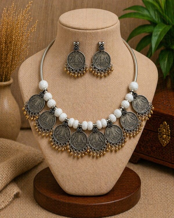 White Bead Coin Hansli Necklace Set